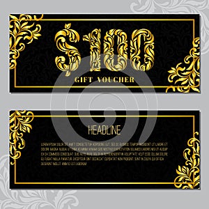 Gift voucher template 100 USD. The inscription created from a floral ornament.