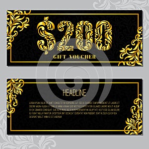 Gift voucher template 200 USD. The inscription created from a floral ornament.