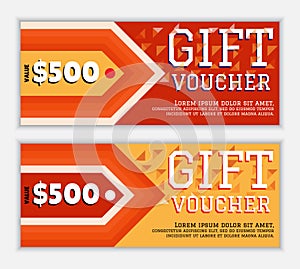 The gift voucher template with elements of an arrow and a triangular decor in flame red and yellow colors