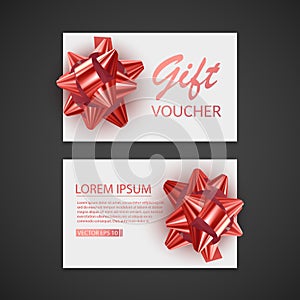 Gift Voucher template with red bow, ribbons. Design usable for gift coupon, voucher, invitation, certificate, etc