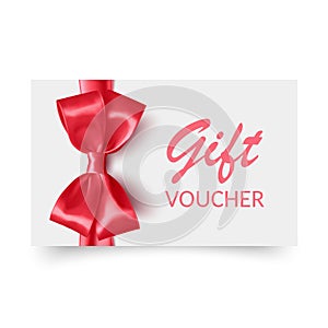 Gift Voucher template with red bow, ribbons. Design usable for gift coupon, voucher, invitation, certificate, etc