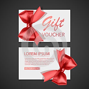 Gift Voucher template with red bow, ribbons. Design usable for gift coupon, voucher, invitation, certificate, etc. Vector eps 10