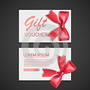 Gift Voucher template with red bow, ribbons. Design usable for gift coupon, voucher, invitation, certificate, etc. Vector eps 10
