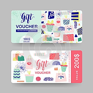 Gift Voucher Templates. Discount Coupon Certificate Card with Shopping Bags and Fashion Elements. Sale Promotion, Banner