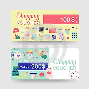 Gift Voucher Templates. Discount Coupon Certificate Card with Shopping Bags and Fashion Elements. Sale Promotion, Banner