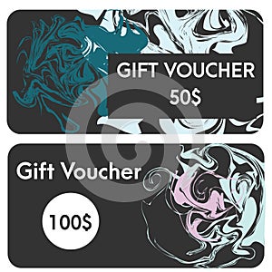 Gift vouchers design template with abstract artistic shapes. Ebru, marbling effect.