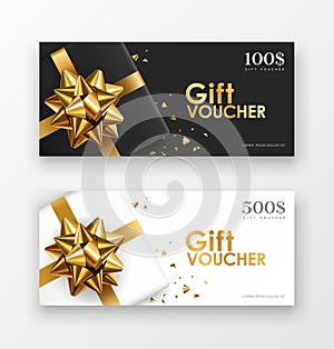 Gift vouchers gift box golden ribbon, black and white paper concept design collections