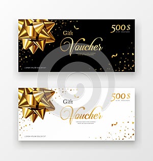 Gift vouchers golden ribbon, black and white paper concept design collections background