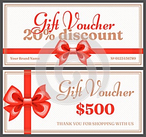 Gift vouchers with ribbons. Certificate with amount of money for present, discount card, coupon template, red festive