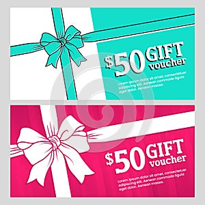 Gift vouchers templates with bow ribbons. Design concept for gift coupon, invitation, certificate, flyer, ticket.