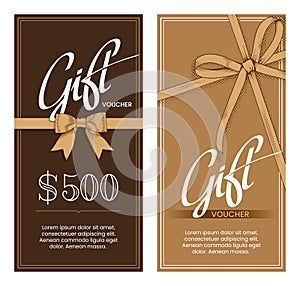Gift vouchers templates with bow ribbons in golden and chocolate colors.