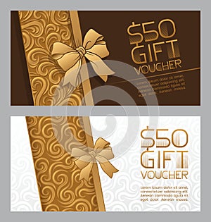 Gift vouchers templates with bow ribbons in golden colors.