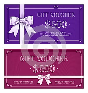 Gift vouchers templates with bow ribbons guilloche curves.