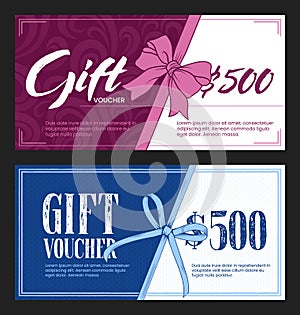 Gift vouchers templates with hand drawn text and bow ribbons.
