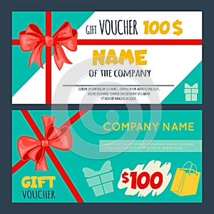 Gift vouchers templates. Holidays cards with red ribbon bows. Present certificate or discount flyers. Promo tickets