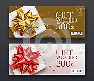 Gift vouchers white gift box, golden and red ribbon, collections concept design black background