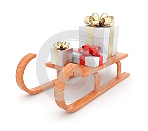 Gift on wooden sled. Christmas concept. 3D