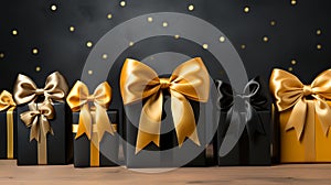 Gift wrap. Black and yellow box with a bow on a plain background