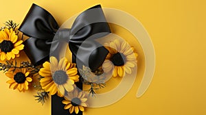 Gift wrap. Black and yellow box with a bow on a plain background