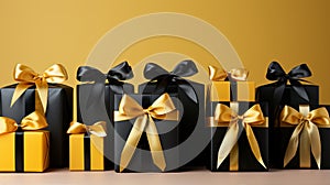 Gift wrap. Black and yellow box with a bow on a plain background