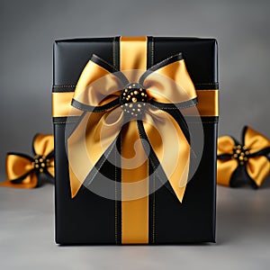 Gift wrap. Black and yellow box with a bow on a plain background