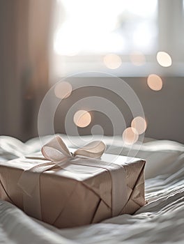 A gift wrapped in a bed with lights in the background. Generative AI