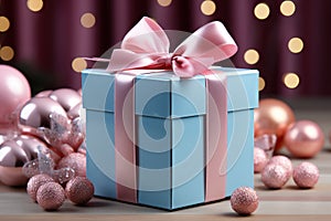 Gift wrapped in blue paper and pink ribbon with Christmas balls on bokeh background.