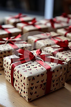 A gift wrapped in a box, adorned with hearts, for valentine s day on February 14th