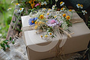 A gift, wrapped in brown paper and secured with a string, ready to be presented to someone special, Cottagecore inspired gift box