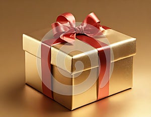 Gift wrapped in gold with a bright red bow