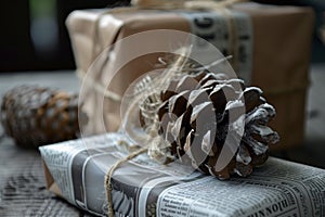 gift wrapped in newsprint, adorned with a natural pinecone