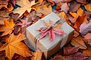 A gift, wrapped in white paper and tied securely with twine, ready to be opened, Gift box concealed with autumn leaves, AI