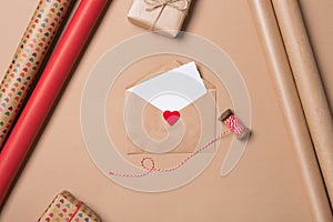 Gift wrapping background. Flat lay. Top view. Close-up. Craft
