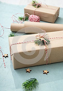 Gift wrapping with natural brown packing paper called Sack kraft paper or sack paper.