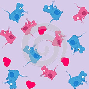 Gift wrapping paper, a couple of blue and pink mice with hearts - vector