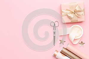 Gift wrapping. Pink nordic christmas gifts on pastel pink background.