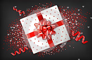 Giftbox with red bow Vector realistic. Confeti and garland sparkle. Product placement mock up. Design packaging 3d photo