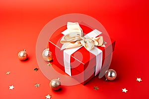 Giftbox with white ribbon and golden bow on red background with Christmas balls