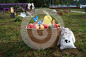 Gifts of autumn on green grass in the wicker basket