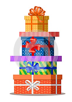 Gifts with bows and ribbons. Stack of color present gift boxes