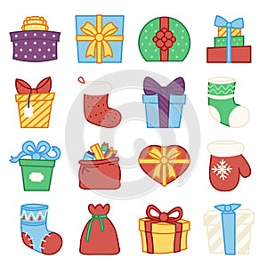 Gifts boxes bags socks lineart cartoon doodle design vector illustration