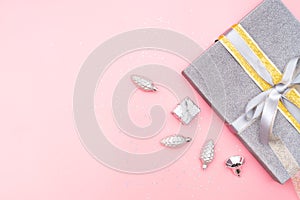 Gifts boxes or presents boxes with silver bell and ball on pink background for birthday, christmas or wedding ceremony