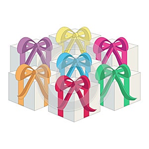 Gifts in boxes with ribbons.