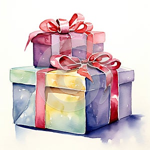 Gifts in bright boxes with satin bows on a white background
