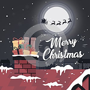 Gifts on the fireplace. Merry Christmas greeting card with santa, roof, and snow cartoon vector illustration