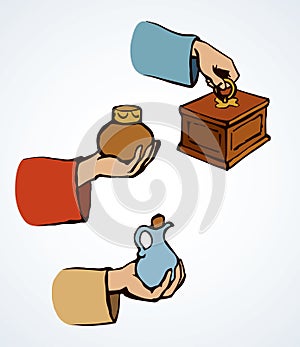 Gifts of gold, frankincense and myrrh. Vector drawing