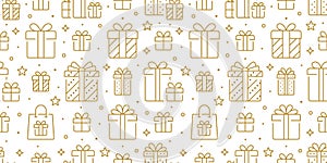 Gifts gold seamless pattern. Vector on white background included line icons as box, wrap, xmas, surprise, paper, handbag
