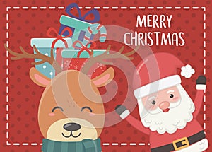 Gifts in head deer and santa merry christmas card