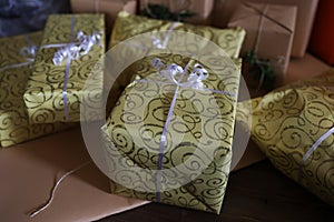 Gifts for the holiday are wrapped in decorative paper