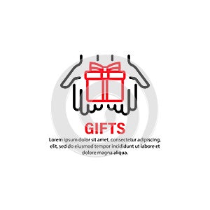 Gifts icon. Hand holds a gift box. Present. Holiday cocnept. Birthday, Christmas, Wedding day, New Year. Vector on isolated white